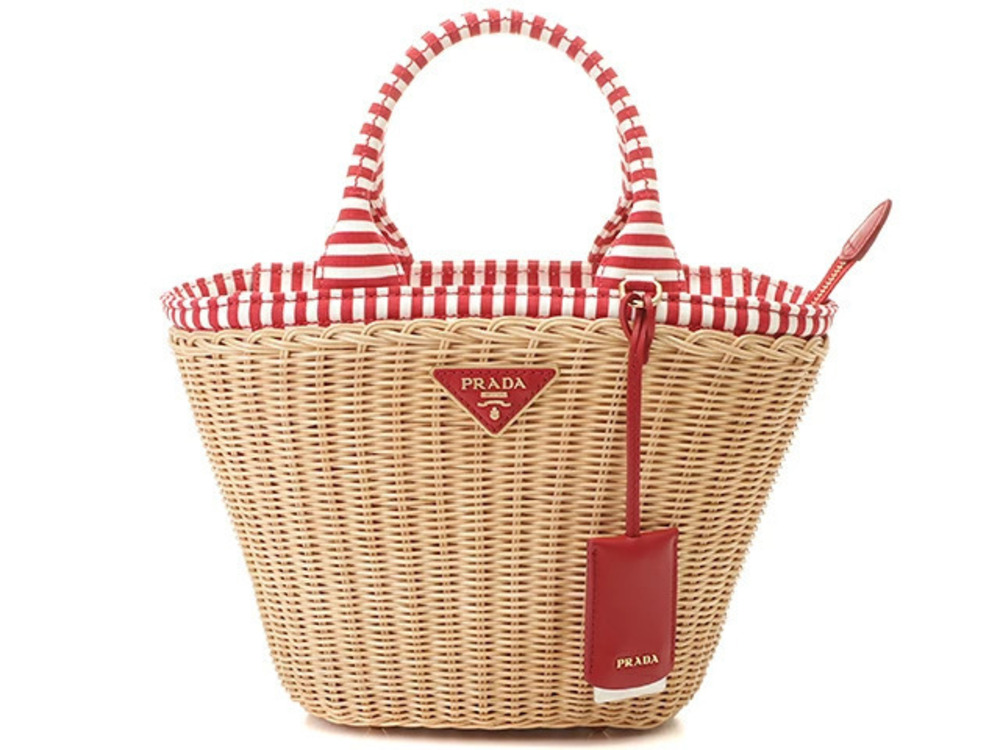 Prada Wicker Basket Bag MIDOLLINOCANAPA NATURALEROSSO